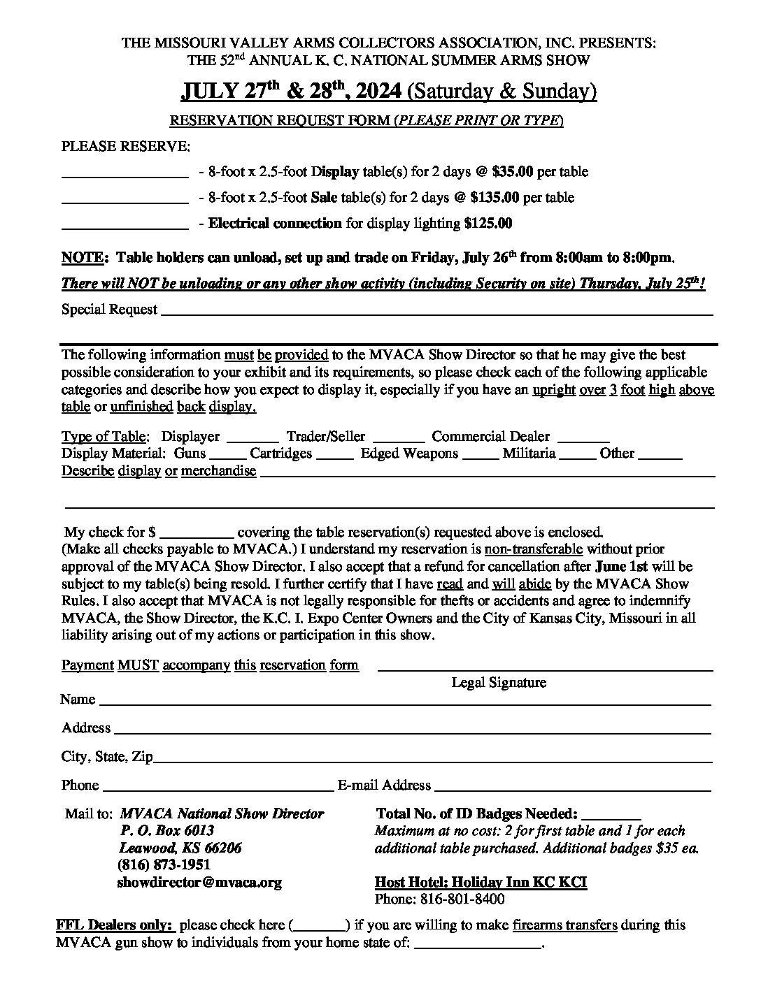 2024 Reservation Form The Missouri Valley Arms Collectors Association